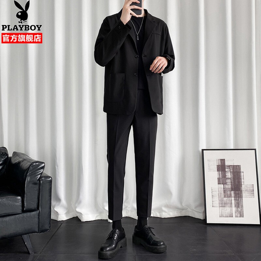 Playboy (PLAYBOY) no-iron suit men's autumn and winter Korean style trendy wedding dress small suit men's casual three-piece suit CGHHTX8TZ black three-piece suit XL