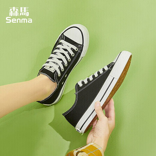 Senma Fashion Simple Youth Lace Low Student Comfortable Casual Canvas Shoes Women 2122187 Black Size 38