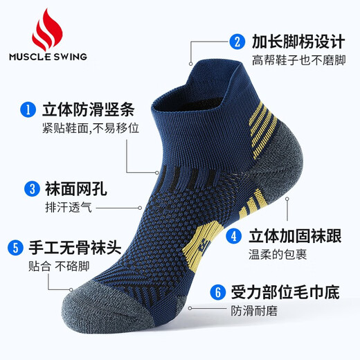 Actuation (MUSCLESWING) Marathon Professional Sports Short Socks Towel Base Anti-Slip Running Socks Men and Women Short Tube Quick-Drying Basketball Training Socks Navy Blue 3 Double Pack M Size (40-44)
