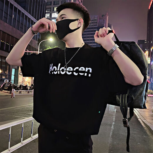 
Fini Dongjue Internet celebrity fake two-layer letter short-sleeved T-shirt male social spirit young man half-sleeved trendy handsome T-shirt summer top black [B1595-Holo] short T L recommended 95-115Jin [Jin equals 0.5 kg]