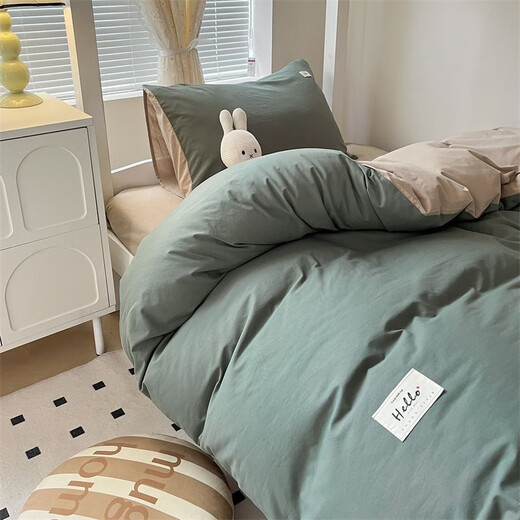 SOMERELLE Four-piece set of cotton colored woven cotton three-piece set student single double quilt cover bedding set 40 pieces green khaki sheets (quilt cover 200*230cm)