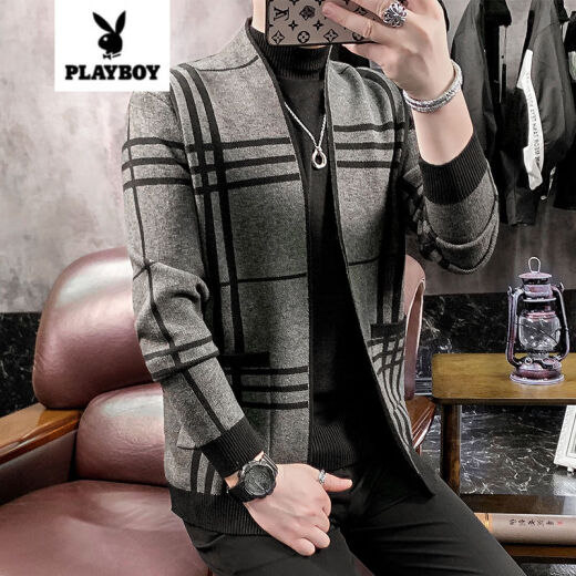 Playboy Jacket Men's Autumn New Buttonless Cardigan Sweater Young Students Slim Fashion Brand Sweater Plaid Cloak Gray 3XL