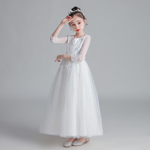 
Dev Ake children's dress girl princess skirt high-end long skirt small host piano performance evening dress big boy middle school student CW683 long white 130 (recommended 41-50 Jin [Jin equals 0.5 kg])
