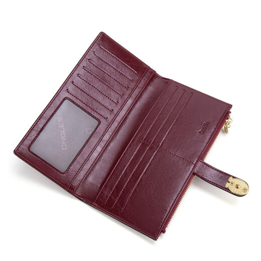 Cnoles wallet women's leather long wallet multi-functional clutch retro oil wax leather large capacity coin purse women's gift box card holder K1404B wine red