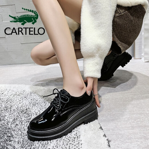 CARTELO Crocodile CARTELO Women's Shoes Korean Style Platform Shoes Versatile Thick Sole Heightening Lace Up Small Leather Shoes KDLYJ-WF126 Black 37/235 (1.5)