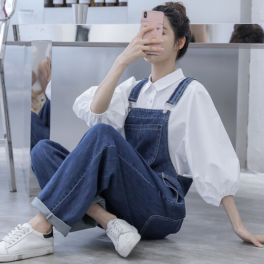 微爱的小松鼠 孕妇背带裤 洋气减龄阔腿裤宽松背带裤长裤+灯笼袖少女感衬衫686 蓝色背带裤 L