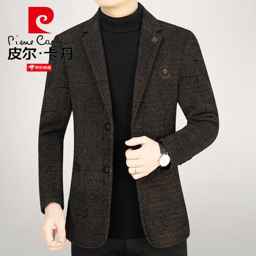 皮尔卡丹（pierre cardin）法国男装毛呢西装男春秋外套男中年男单西外套羊毛呢休闲西服针织 Z62857咖色 L 175