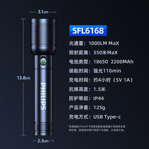 飞利浦（philips）手电筒强光手电超亮远射Type-c充电户外小型家用应急灯SFL6168 SFL6168