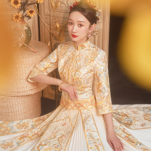 ZEIMSSMM Xiuhe Wedding Bridal 2024 New Wedding Dress Ancient Wedding Dress Cheongsam Photo Studio Same Style Chinese Wedding Dress 147 Gold No Diamond Style L