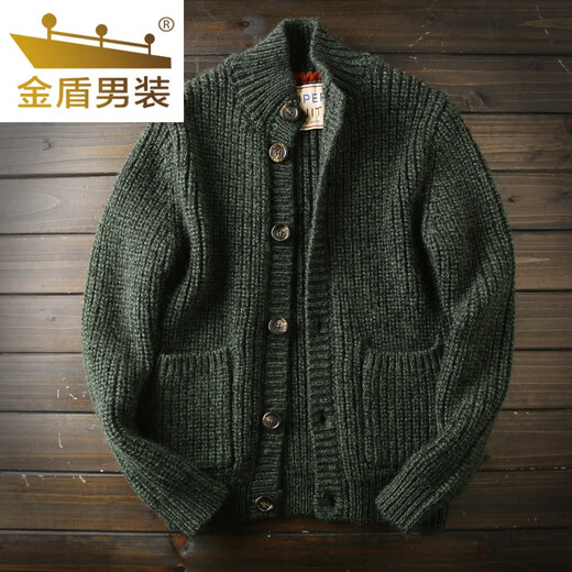 Golden Shield Wool Cardigan Italian Station Men's Autumn and Winter Thickened Knitted Sweater Jacket Green XL (165-190Jin Jin equals 0.5kg)