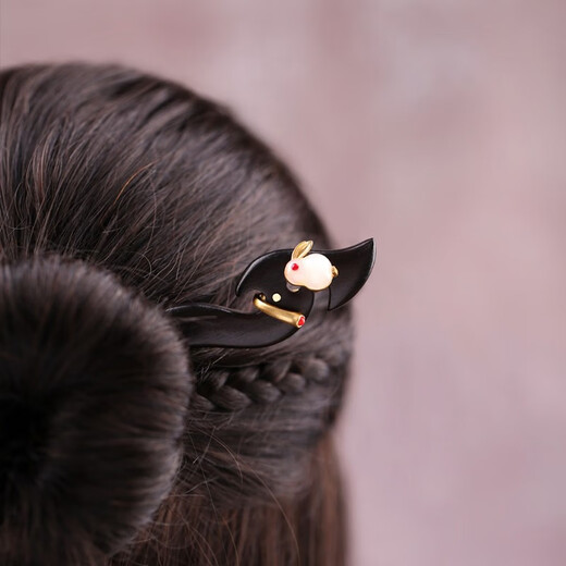 Kamalun (KAMALUN) Ebony Wood Hairpin Ancient Style Jade Rabbit Hanfu Cheongsam Wooden Hairpin Hair Accessory Birthday Chinese Valentine's Day Gift for Girlfriend and Wife Jade Rabbit Hairpin