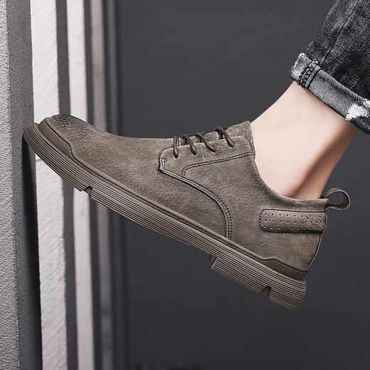 Kaliding 2021 summer casual leather shoes for men British matte leather low top shoes Martin boots fur fur back leather men's shoes Khaki 40 standard leather shoe size