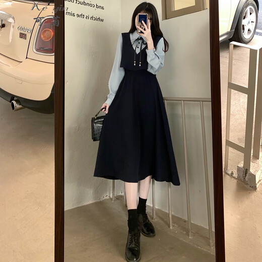 Keyin Kleid Frauenkleidung 2025 Frühlings- und Herbst Neues französisches gefälschter zweiteiliger Spleißprofi Retro mit mittlerer Länge für Frauen 9905 Frühling und Herbst L.