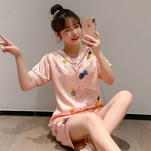 闪芭兔冰丝睡衣女夏季短袖薄款两件套装女式青年家居服可外穿 QDM-825-3粉小菠萝 2XL (建议130-145斤)