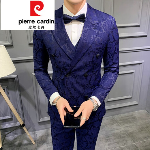 Pierre Cardin light luxury high-end jacquard double-breasted suit suit men's handsome dinner party host emcee suit groom wedding dress trendy knitted i blue two-piece suit (suit + suit, shirt knot with breast scarf) 46/S
