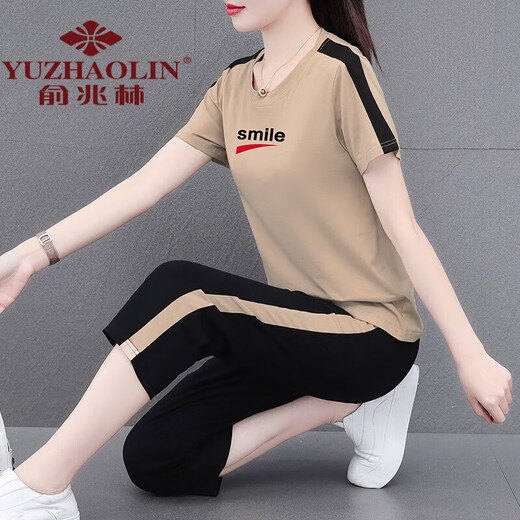 俞兆林妈妈装好棉运动服套装女夏季2024新款中年夏装休闲短袖七分裤两 皮红七分裤[687款] M (建议80-95斤)