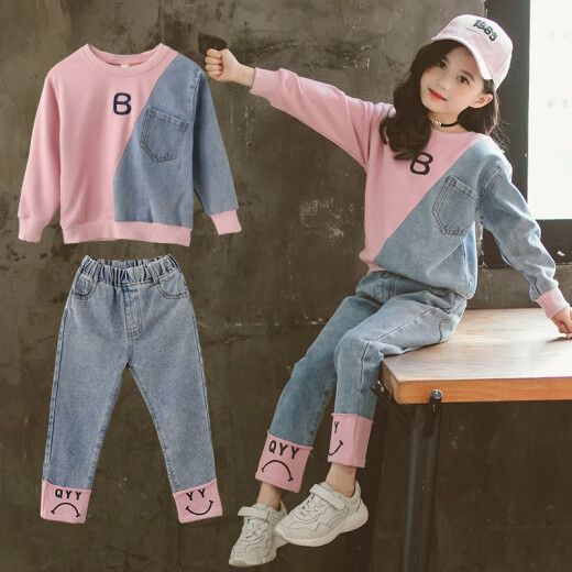 0595 Children's Clothing Girls Autumn Denim Suit Korean Style Western Alphabet Embroidered Two-piece Set Girls Big Children Contrast Color Long Sleeve Sweatshirt Trendy Cuffed Trousers Pink 130
