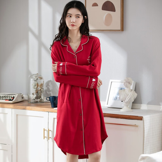 Romon pajamas for women autumn pure cotton long-sleeved cardigan big red nightgown cartoon print casual home wear red XL size
