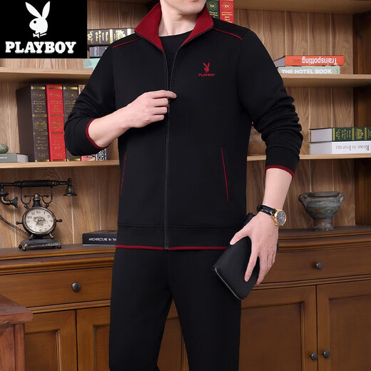 Playboy Sports-Anzug Herren-Herren-Set Frühling und Herbst neuer Dad-Anzug großer Größe mittleren und älteren Gelegenheits-Running-Sportanzugs 3937 Black [Frühlings- und Herbst-Drei-teiliger Set] 3xl [Vorgeschlagen 161-180jin [Jin entspricht etwa 0,5 kg]]