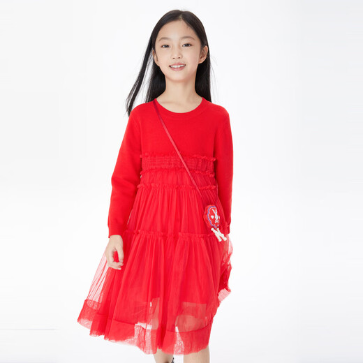 Annil (Annil) shopping mall same style girls dress gauze skirt autumn new long-sleeved princess dress AG313548 New Year red 140cm