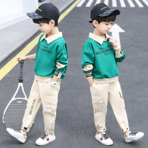 LeFeiGou (LeFeiGou) boys suit children's clothing spring and autumn new style medium and large children's long-sleeved shirt sweatshirt casual trousers two-piece set plus velvet navy blue suit lapel 130