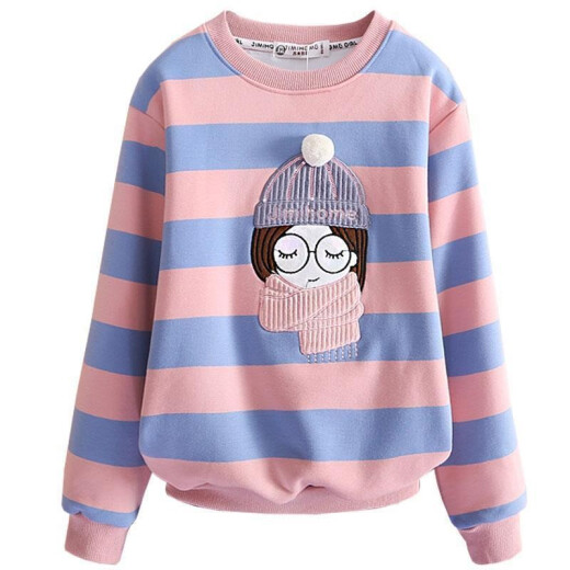 Sajiaowa children's clothing girls' sweatshirts girls' bottoming shirts autumn and winter thin thick long-sleeved T-shirts 2020 bow T-shirts for big children versatile tops four-color powder blue stripes plus velvet style 150 (recommended height is about 145cm)