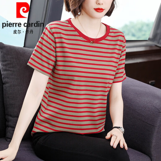皮尔卡丹（pierre cardin）夏装短袖t恤女士纯棉中年妈l妈装2025新款大l码宽松遮肚子条纹针 688#短袖【宝蓝色】 XL 建议110-125斤