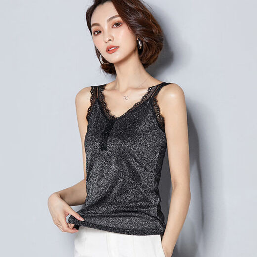 [80-220Jin[Jin is equal to 0.5kg]]Large size women's lace V-neck camisole women's thin fat mm bottoming shirt black [bright silk]XL[recommended 115-140Jin[Jin is equal to 0.5kg]]