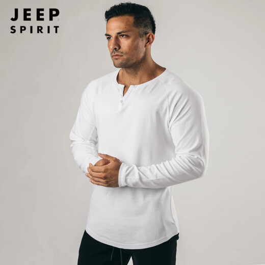 JEEP SPIRIT Retro Heavy Henley Long Sleeve T-Shirt Solid Color Sports Fitness Bottoming Shirt Men's Pure Cotton Stretch Thin V-Neck Cardigan Army Green 2XL