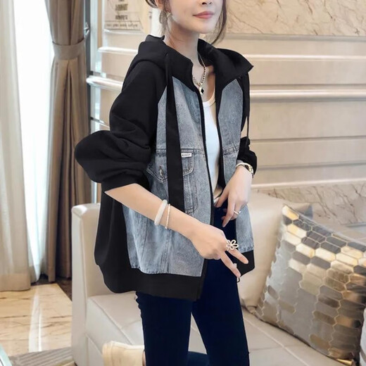 AEMAPE2025 Spring and Autumn New Black Hooded Splicing Baseball Jacket Women's Small Fashion Casual Denim Jacket Picture Color XL -115-125Jin Jin is equal to 0.5 kg