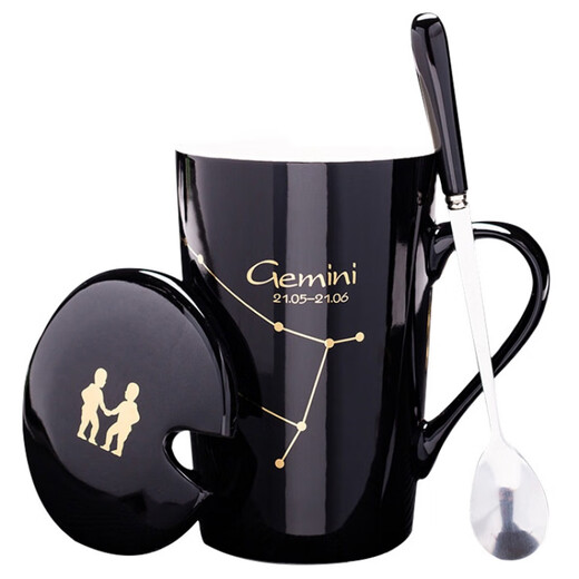 Jinshun Xinrong Twelve Constellations Creative Personalized Cup Ceramic Mug with Covered Spoon Home Drinking Cup Office Tea Cup Couple Black Libra (with Covered Spoon) 401-500ml