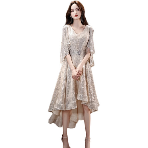 Kuhuke high-end banquet small evening dress 2024 new sequin host temperament small luxury socialite annual meeting girl champagne color XXL