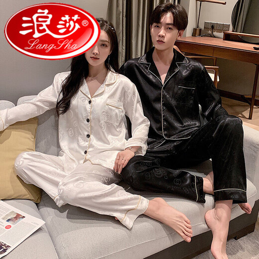 
LangSha couple pajamas ice silk home clothes spring and autumn long sleeves men's real silk silk suit summer women couple internet celebrity home clothes milky white 1105 men black women white women XL [suggested 120-140 Jin [Jin equals 0.5 kg]]