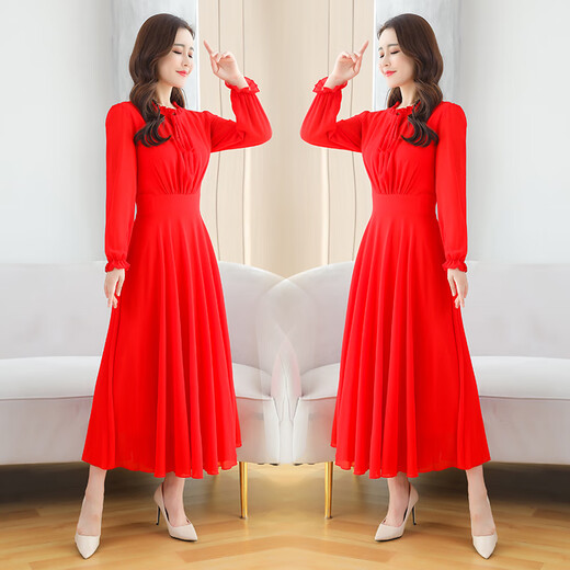 HKPK Toast Wear Evening Dress Long Sleeve Dress Bridal Autumn Wedding Dress Back Door Dress Mid-Length Chiffon Female Reception Red S One Size