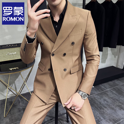 Romon Light Luxury High-End Double-Breast Traad Juego para hombres de estilo coreano de hombres Traje informal formal de dos piezas Color de albaricoque [T687 de doble pecho] 2XL