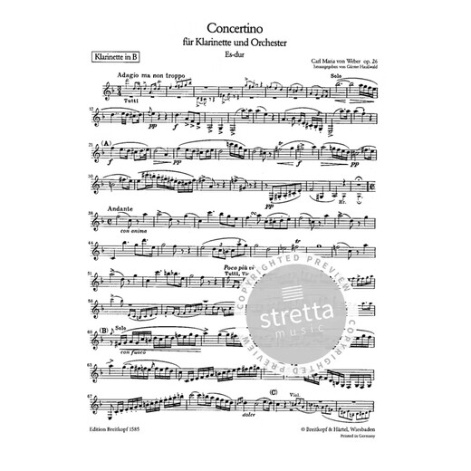 Weber Clarinet Concerto in E-Flat Major Op26 mit Klavierbegleiter Big Bear Original Music Score Buch Weber Concertino in EB Major Clarinet EB1585
