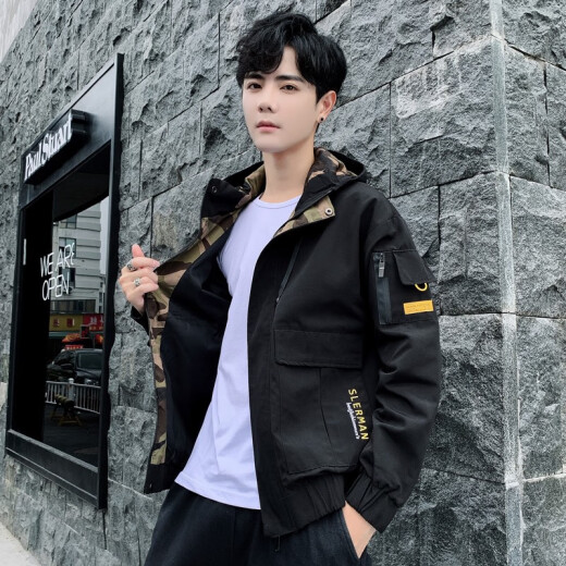 American Apple AEMAPE Jacket Men's Jacket Autumn and Winter Trendy Printed Camouflage Hooded Workwear Youth Outdoor Leisure Sports Windproof Clothing Men's 939 Black XL