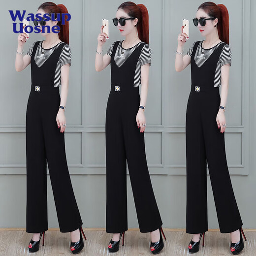
Simple position strap wide-leg pants for women 2025 summer new Korean style fashionable age-reducing black pendant feeling slimming suspender jumpsuit white top + overall pants set one size s 2 feet 1105Jin [Jin equals 0.5 kg]