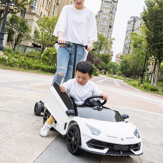 Haolaixi Lamborghini children's electric car four-wheel car remote control toy car can sit a child with a swing baby stroller top with red + adult standing plate + soft wheel leather seat + remote control