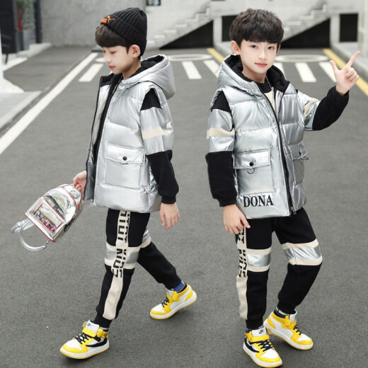 Three-piece children's clothing boys' suit winter clothing 2020 new children's suit big children's fashionable vest sweatshirt jacket casual pants little boy fashionable 3 to 15 silver 160 (recommended height 150CM)