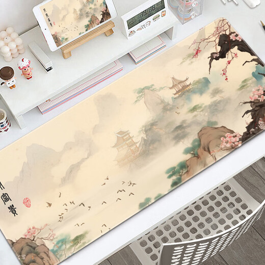 南啵丸国风山水墨鼠标垫新中式超大号精密锁边办公桌面垫可定制滑鼠垫子 7374滕王阁序 600x300x2mm
