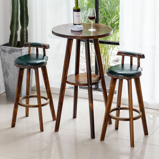 Solid wood retro round bar table American simple balcony home bar table cafe casual restaurant high table carbonized round bar table