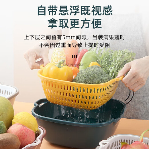Chunshao kitchen vegetable basket drain basket double layer vegetable basin drain basket fruit and vegetable basket leaking basin 6-piece set extra large + large + medium blue and yellow two colors