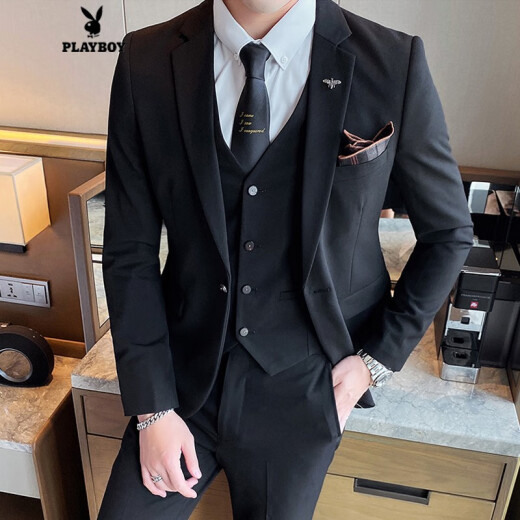 Playboy (PLAYBOY) suit men's casual business formal fit professional white-collar suit three-piece suit plus tie shirt wedding groom groomsman dress SJT601 black L