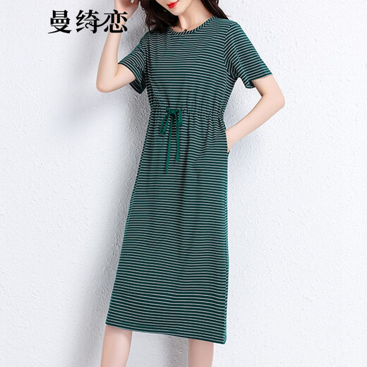 曼绮恋短袖条纹t恤女2022新款夏季中长款过膝纯棉连衣裙宽松显瘦百搭系带T恤裙子潮 藏青条纹6627 L