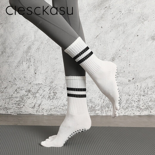 ClescKasu two-bar yoga socks dotted toe socks non-slip five-toe socks women's sports striped mid-calf Pilates socks cotton green one size