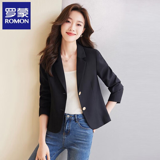 ROMON coffee color short small suit jacket for women spring and autumn 2026 new style ladies casual small suit jacket black S recommended 95Jin Jin is equal to 0.5kg within