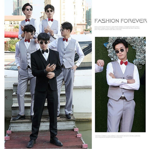 Xinhan best man wedding dress brother suit men's large size brother group summer western shirt vest suit dress clothes long sleeve shirt + gray pants + gray vest + black bow tie PT L