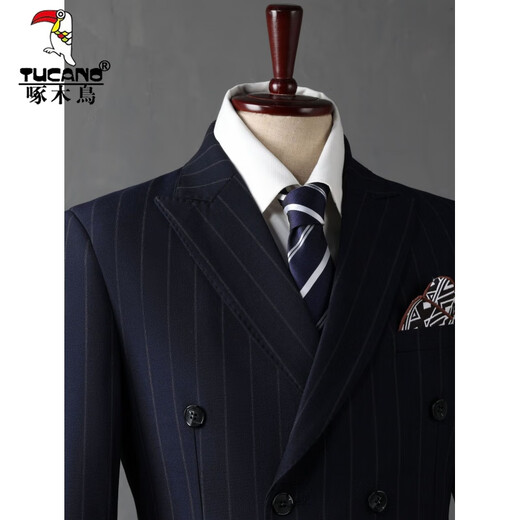 Woodpecker (TUCANO) Men's Suit Casual Business Formal Wear Groomsmen's Wear Groom's Wedding Double-breasted Striped Suit Jacket Men's Black (suit + trousers) 52/XL (125-135Jin Jin equals 0.5kg)