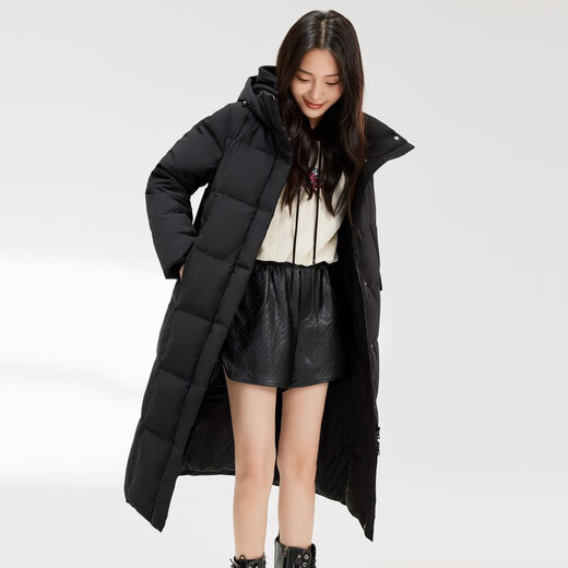 Flying in the Snow Goose Down Jacket Women's Large Long Hooded 2025 Winter Popular Slim Fit Coldproof Warm Jacket Black|8056 M 165/88A Warm Goose Down/Card Code Shoot Large